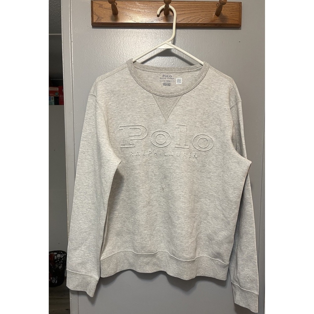 Polo Ralph Lauren Men's Gray Embossed Logo Print Pullover Sweatshirt Medium